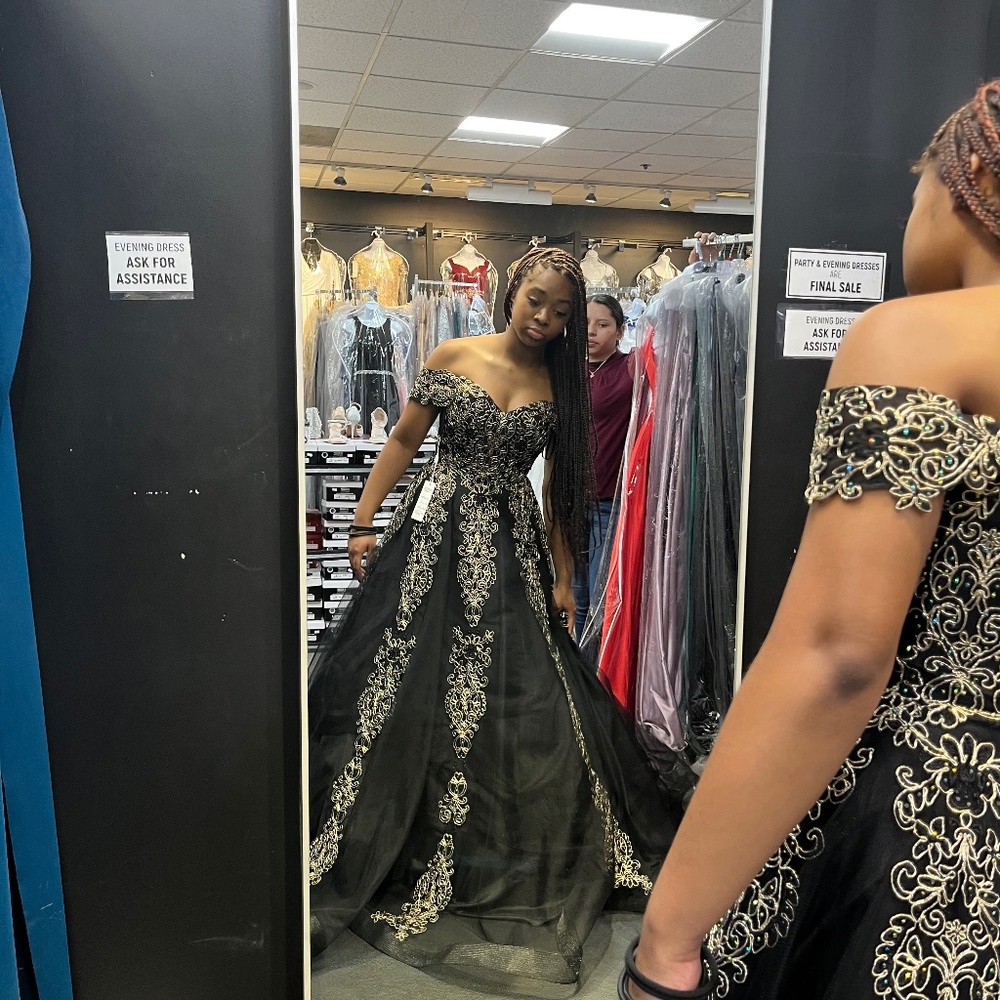 Strapless, formal gown gold embroidered